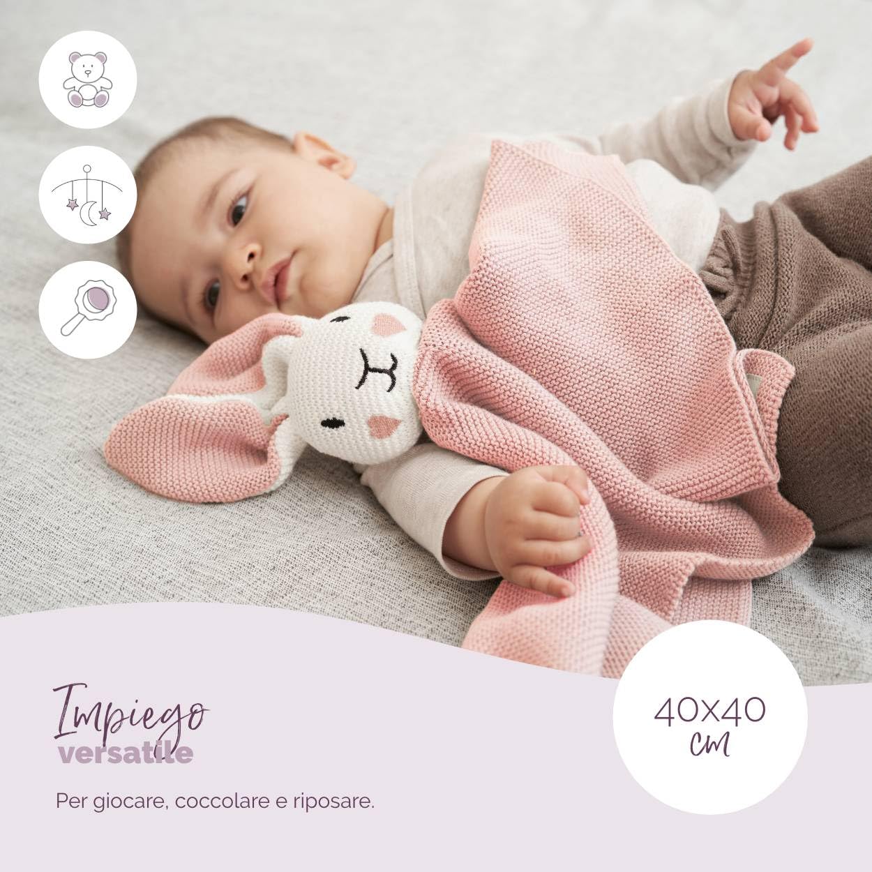 Livella Doudou Coniglietto con calzini - Puro cotone biologico - Copertina premium, copertina coccole, coperta a maglia - Morbidissima e traspirante - OEKOTEX® STANDARD 100 e certificata GOTS
