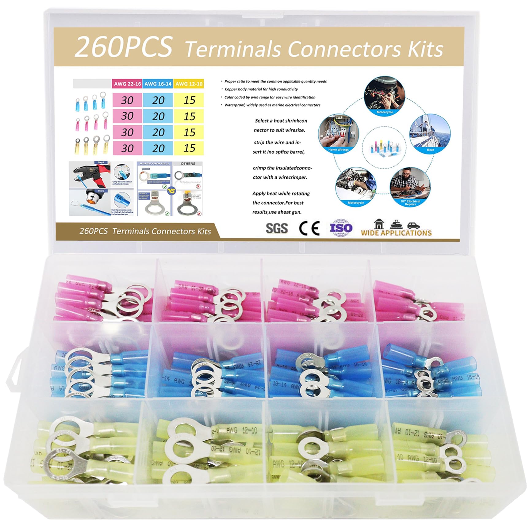  Generic 260PCS Heat Shrink Ring Terminals Marine Grade Ring Connectors Tinned Copper 