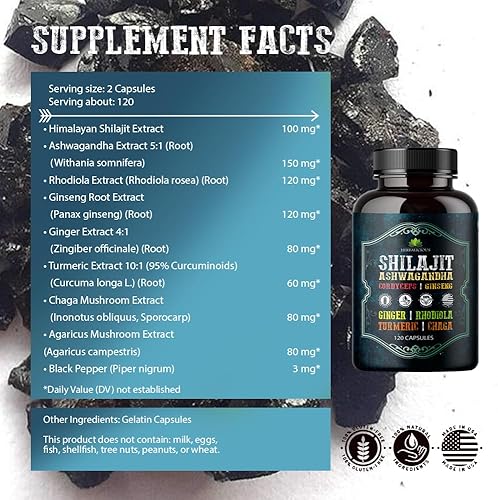 Miniatura 6 de Shilajit para hombres  Suplemento adaptogénico 8 en 1 con Ashwagandha, Cordyceps, Ginseng, Rhodiola, cúrcuma, Chaga y jengibre  Energía natural,
