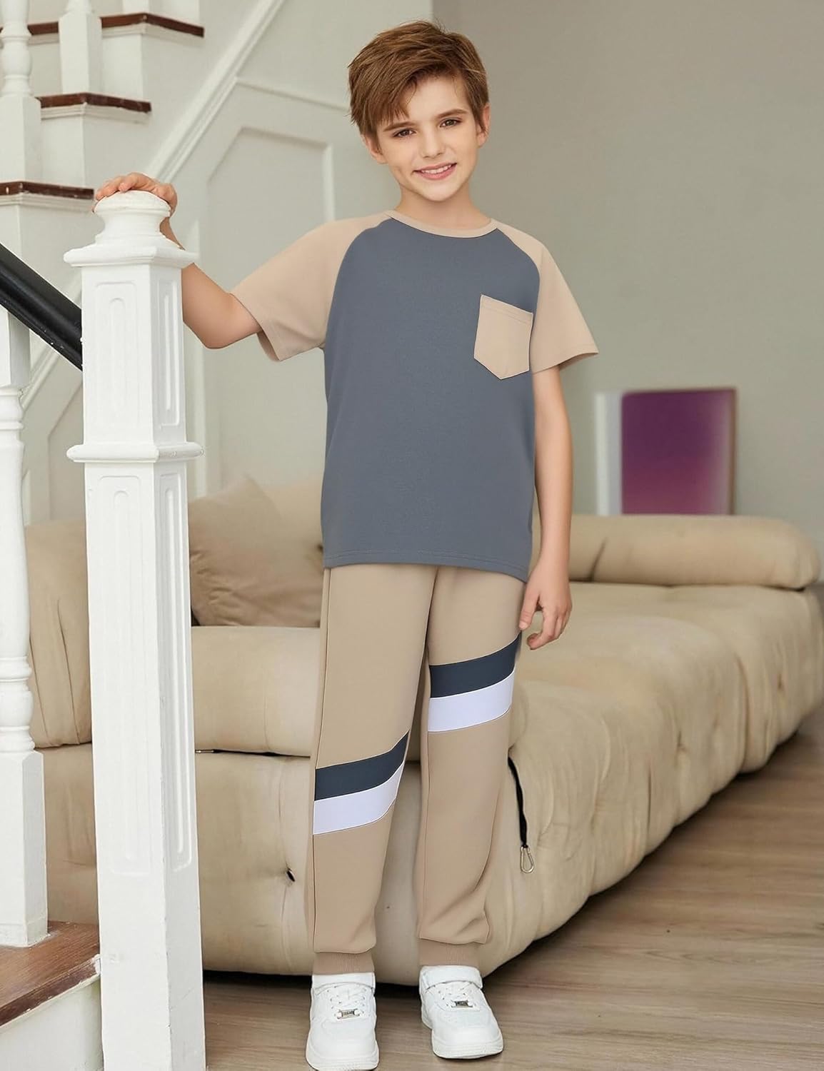 Boys Clothes,Boy outfits 2-Piece Raglan Color blocking Short-Sleeve T-Shirt Color blocking Pant Teen Boys Clothing - Image 4