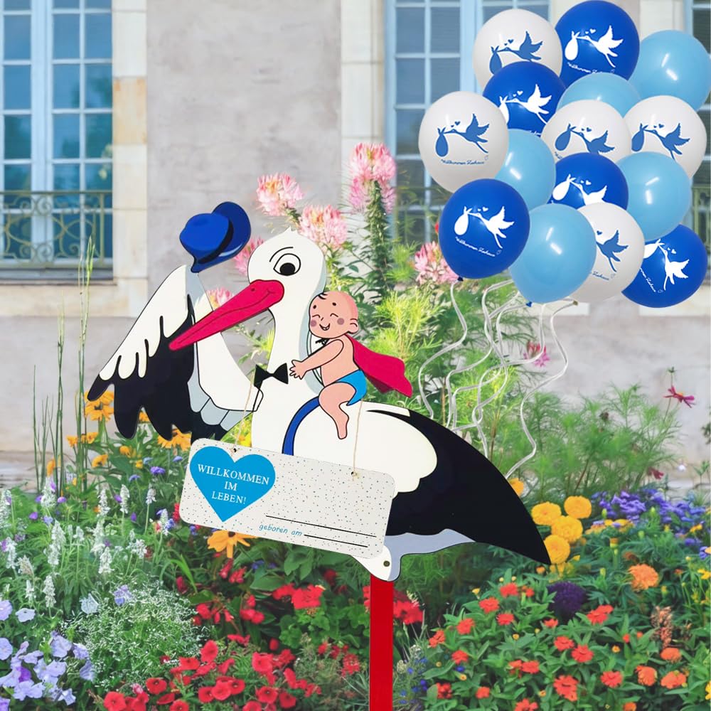 HuaMuDM Klapperstorch Set zur Geburt Baby, 89 cm hoch Babystorch, 15Pcs Neugeborene Balloon, Geburt Babystorch für Draußen, Holzstorch Zur Geburt, Großer Storch aus Holz