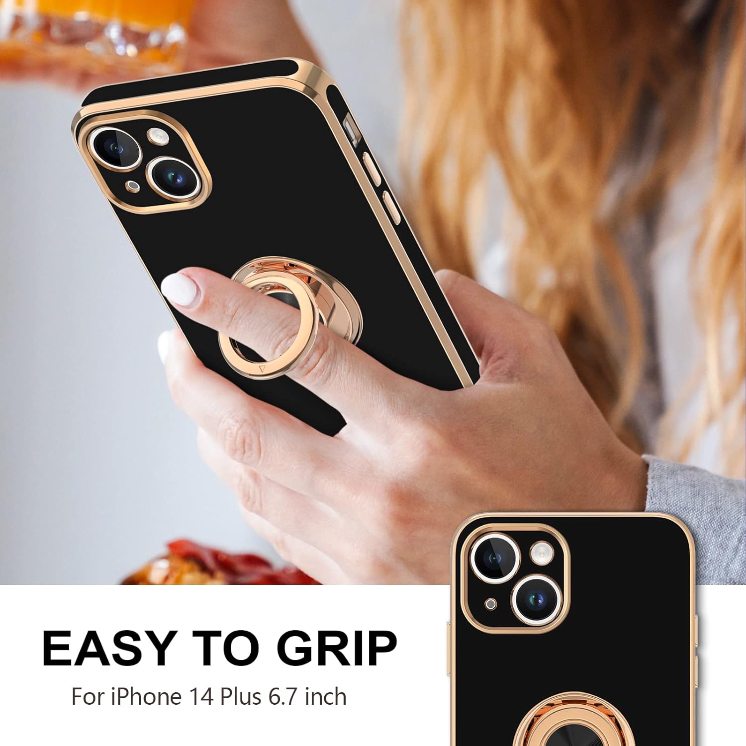 Hython for iPhone 14 Plus Case with Ring Stand [360° Rotatable Ring Holder Magnetic Kickstand] [Support Car Mount] Plated Gold Edge Soft TPU Luxury Shockproof Protective Phone Case Cover, Black - Image 2