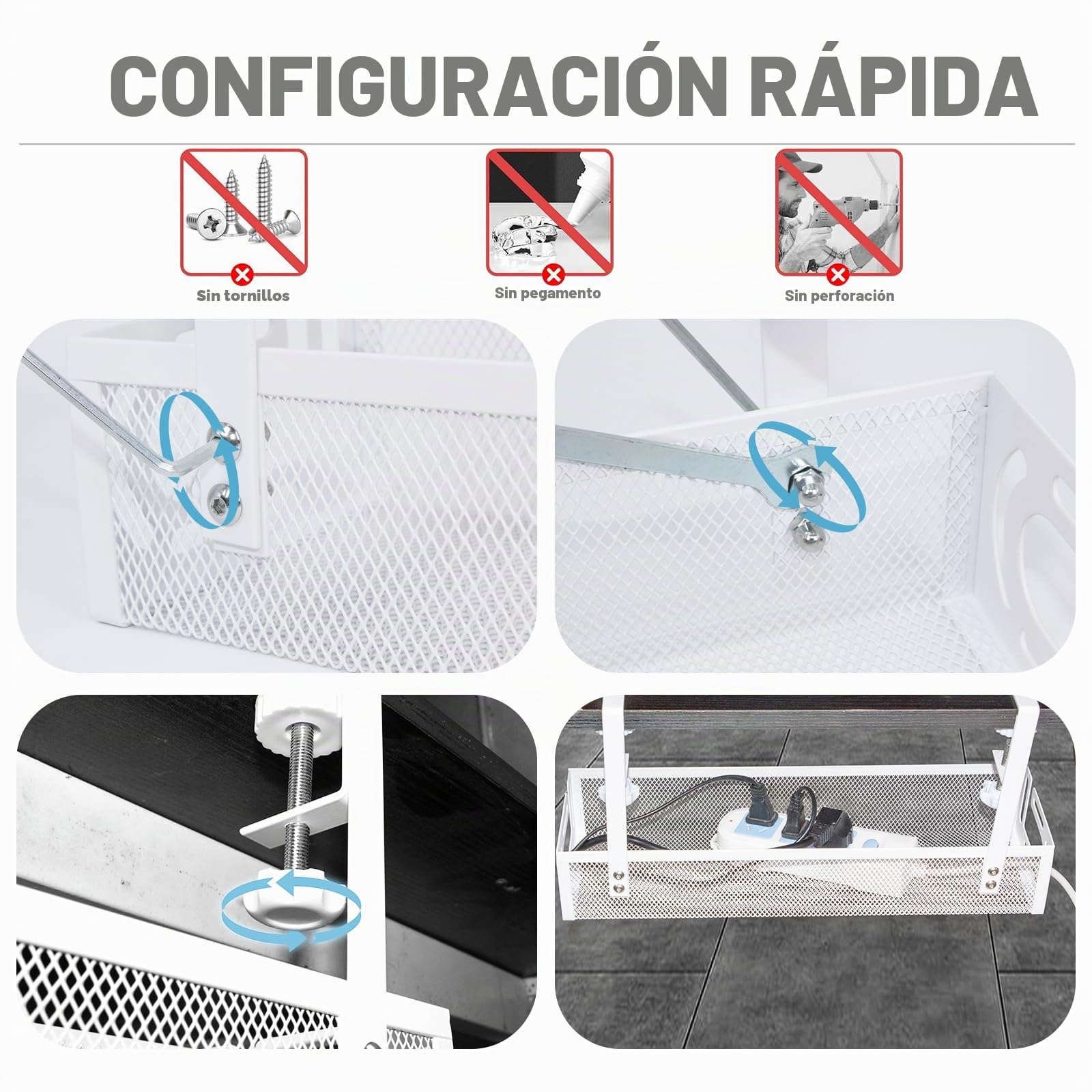 Bandeja de gestión de Cables para Debajo del Escritorio, Organizador de Cables sin Taladro, Bandeja de Cables Ajustable y retráctil, fácil de Instalar, solución de Cables para el hogar u -1 Paquete