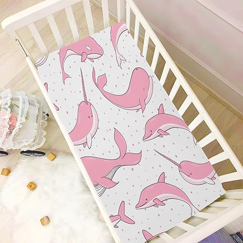 Miniatura 6 de Kigai Sábana bajera ajustable para cuna para niños y niñas, ballenas rosadas, suave, transpirable, unisex, para colchones estándar de cuna y niños