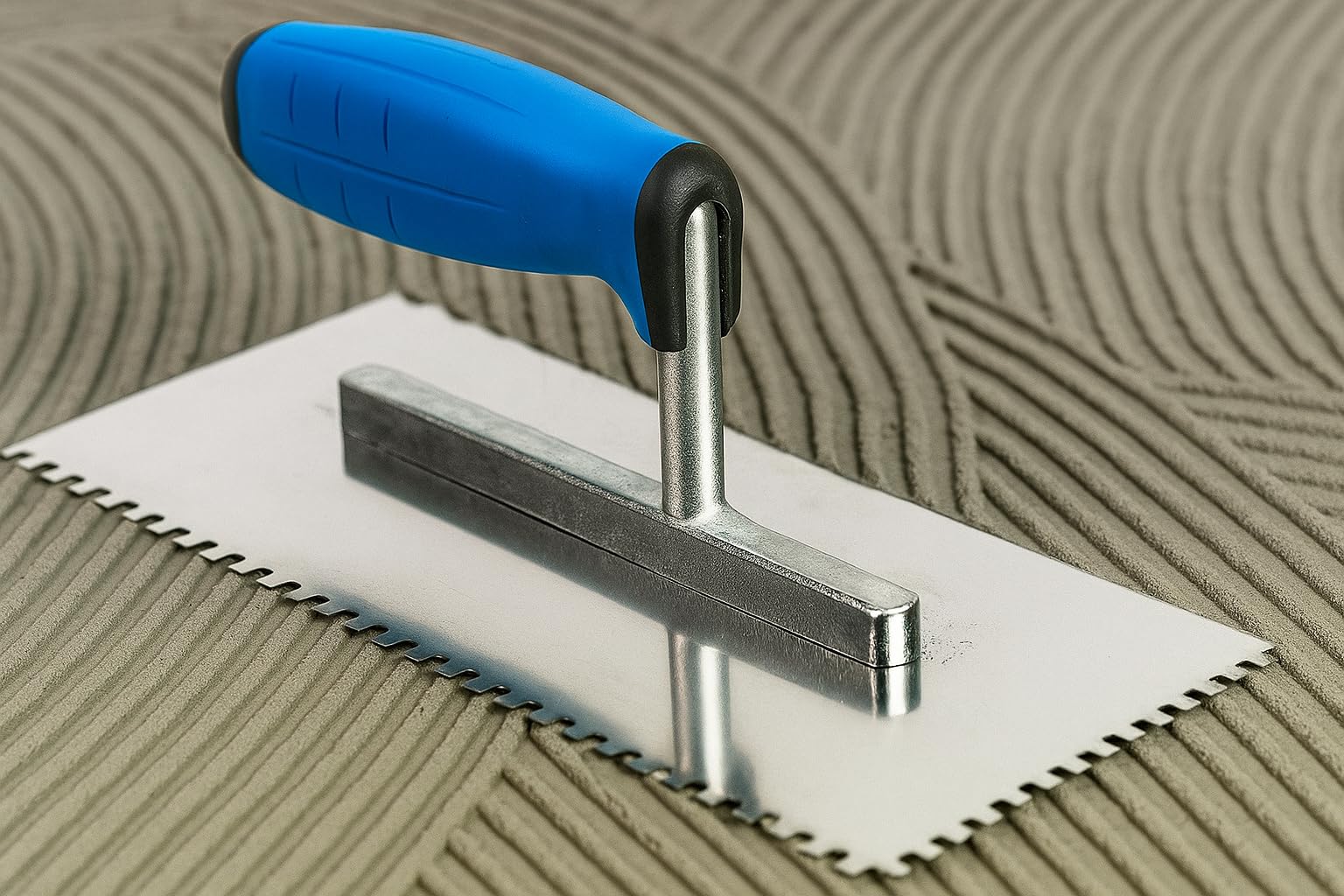 Fliesenkelle aus Edelstahl, gekerbt, 270 mm – 4 x 4 mm, quadratische Kerbe, Klebstoffspachtel mit weichem Griff, für Wand- und Bodenfliesenprojekte, langlebiges und rostbeständiges Werkzeug (N7804)
