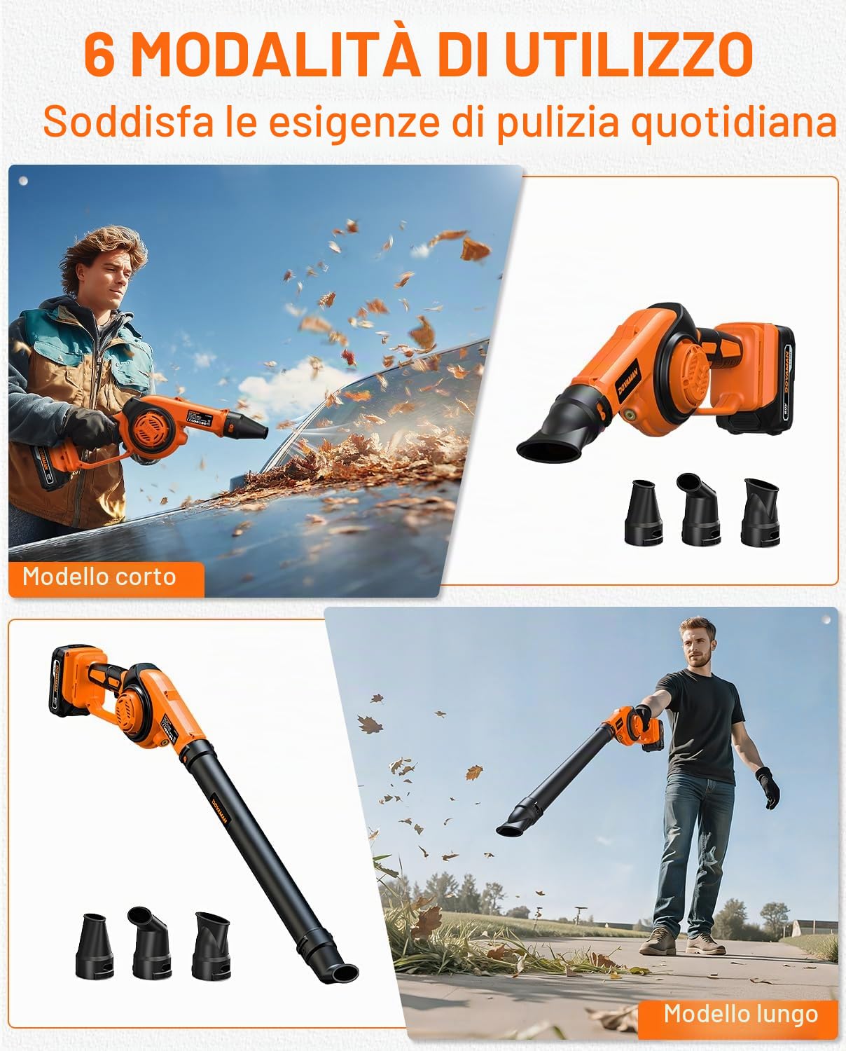 DOVAMAN LE20 Soffiatore a Batteria, 3-in-1, 288 km/h Potente, 3 Velocità Regolabili, 800g Leggero, Batteria 20V con Caricatore Rapido, LED, 3 Ugelli, Giardino, Patio, Foglie, Polvere