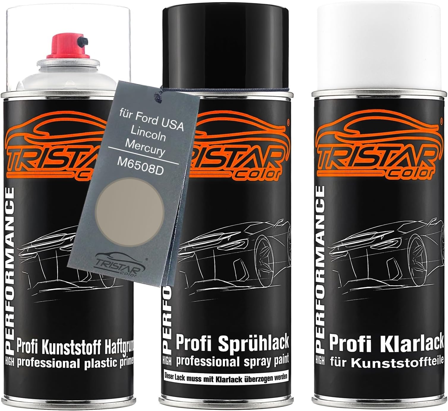 TRISTARcolor Car paint Spray can set for plastic bumper for Ford USA/Lincoln/Mercury M6508D Light Titanium/Grey Primer base coat clear coat with plasticizer spray can