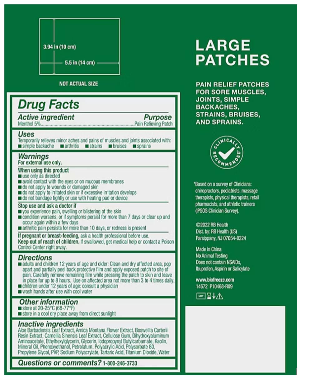 Biofreeze Cool The Pain Large Patches Menthol -Pain Relieving Path 15 Large Patches 5.5 in x3.94 in (14cm x10cm) Each