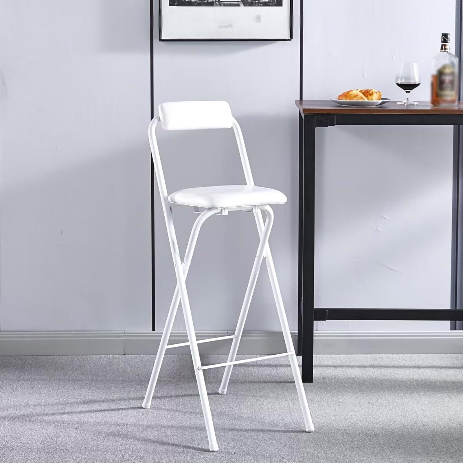 Cxllisionary Taburetes Altos de Cocina Plegable,Taburete de Bar Plegable Silla, Taburete Plegable Portatil con Respaldo y Reposapiés, Taburete Bar Plegable para Cocina Comedor Bar(White,70cm/28in)