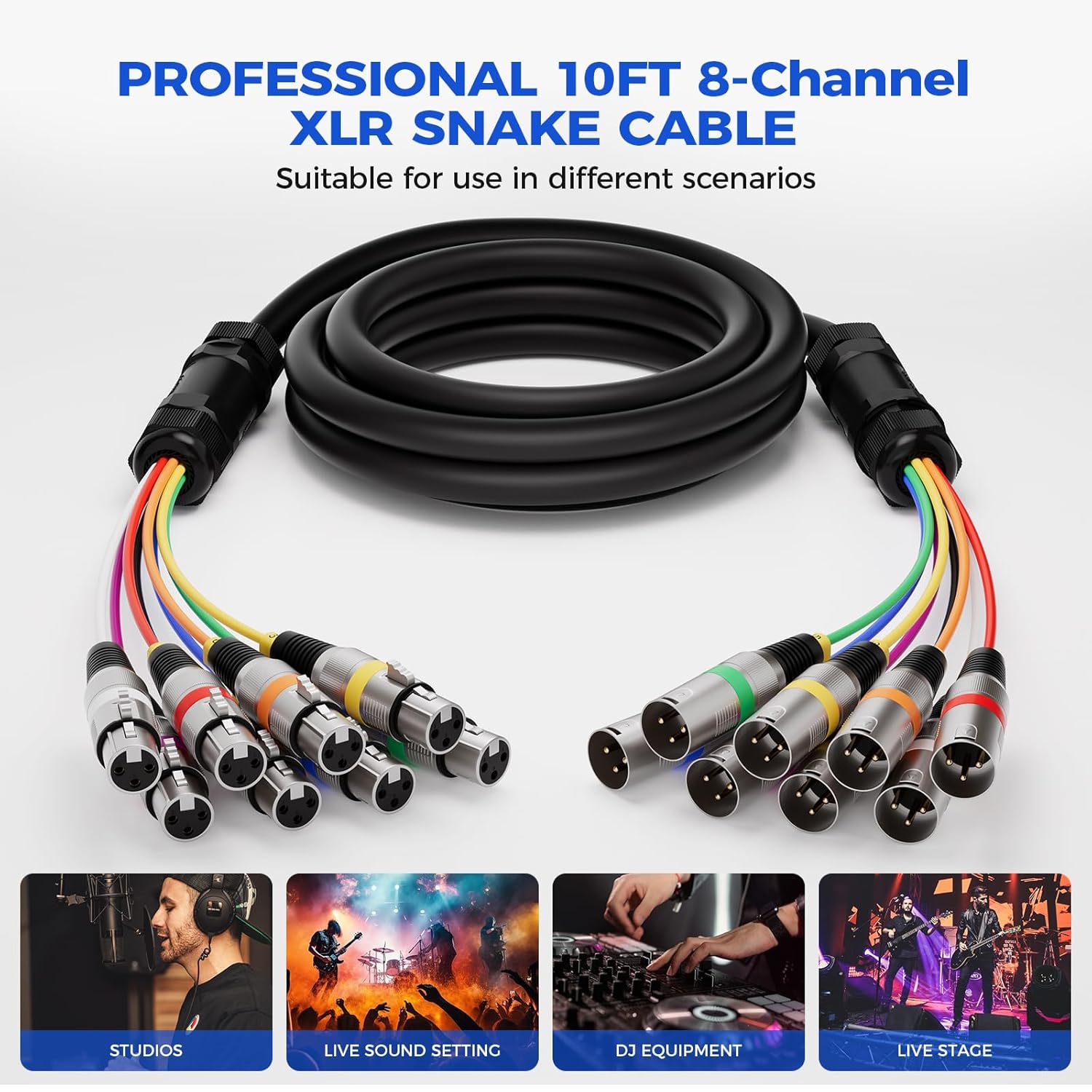 Professional 8 Channel XLR Snake Cables 10FT, Noise Free and Long-Lasting Snake Cable, All Copper Conductors XLR Male to Female Recording Snake for Live and Studios, Color Cording