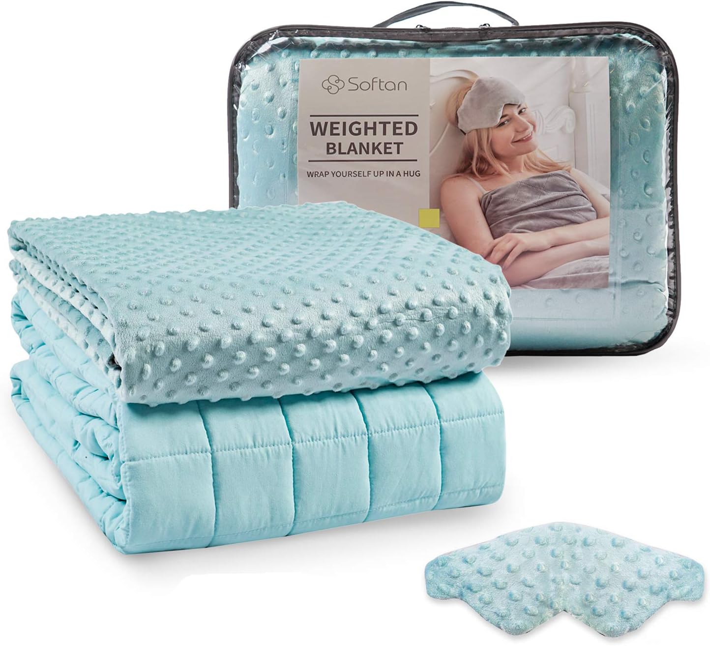 Weighted Blanket 3 Pieces Set (60x80'' 15Lb)– Premium Ultra-Soft Removable Cover, Weighted Inner, Weighted Mask,2.0 Plush Breathable Adults Heavy Blanket,Queen Size Beds(Aqua, Dot Minky)