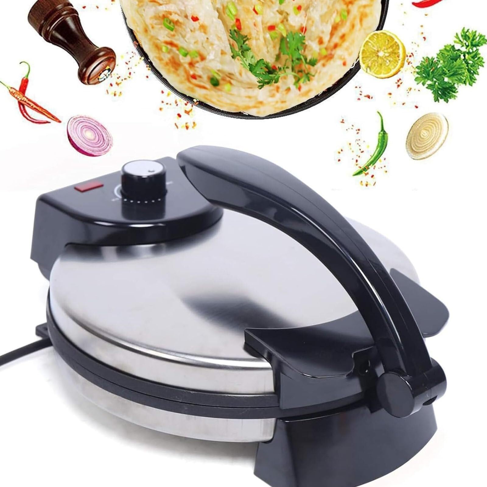 10in Electric Tortilla Maker, Knob Temperature Control Non Stick Roti Maker with Stainless Steel Cover(110v)