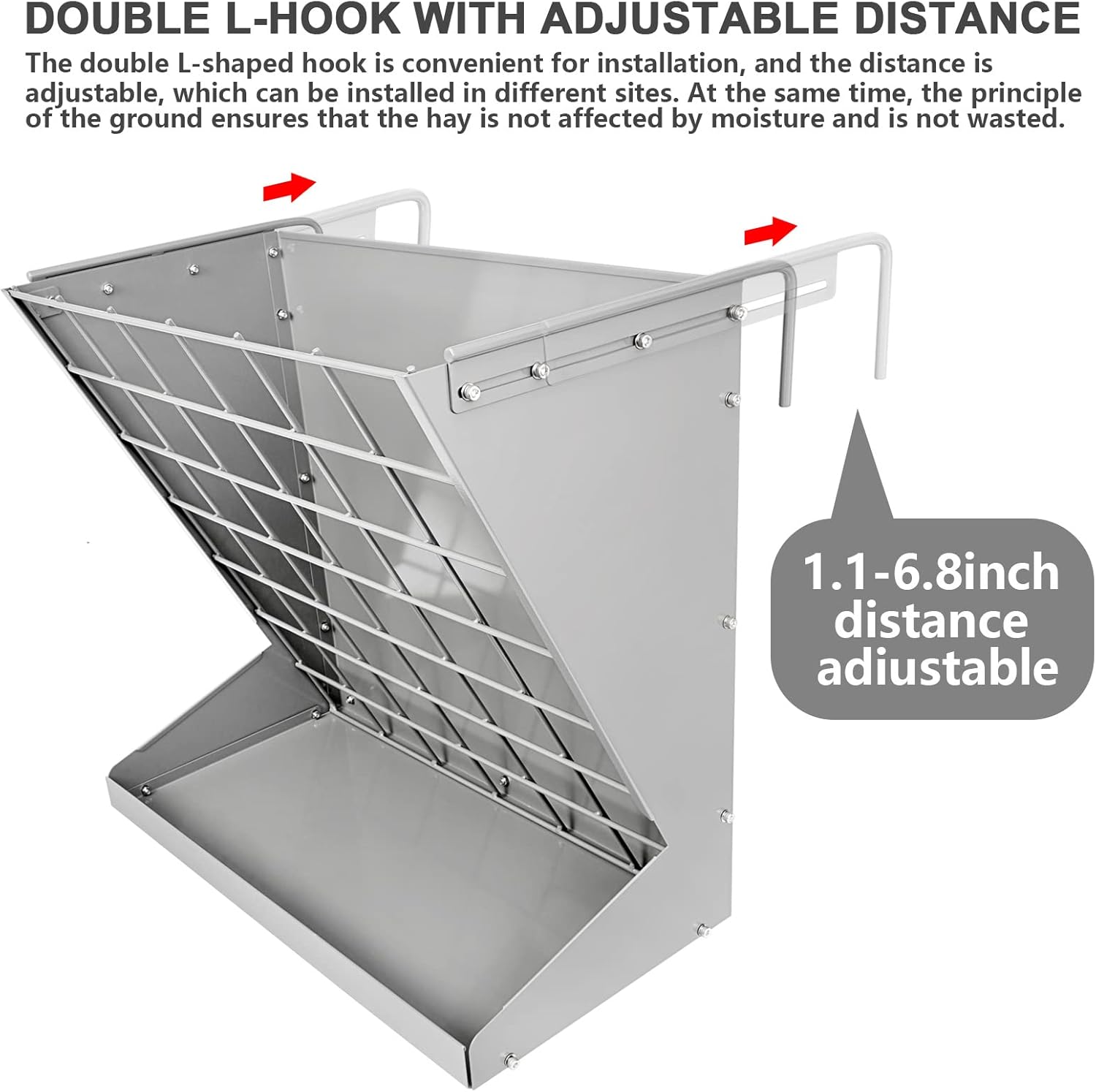 Wall Mount Hay Rack, Heavy-Duty Galvanized Metal 2 in 1 Hay and Grain Feeder, Livestock Feeder with Adjustable Distance, Hay Feeder for Goats, Sheep, Horse