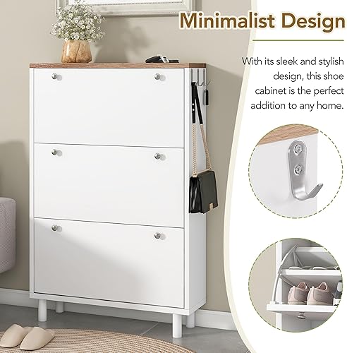 Miniatura 4 de Zapatero contemporáneo con 3 puertas abatibles, zapatero de madera independiente, organizador de almacenamiento de zapatos para entrada, pasillo,