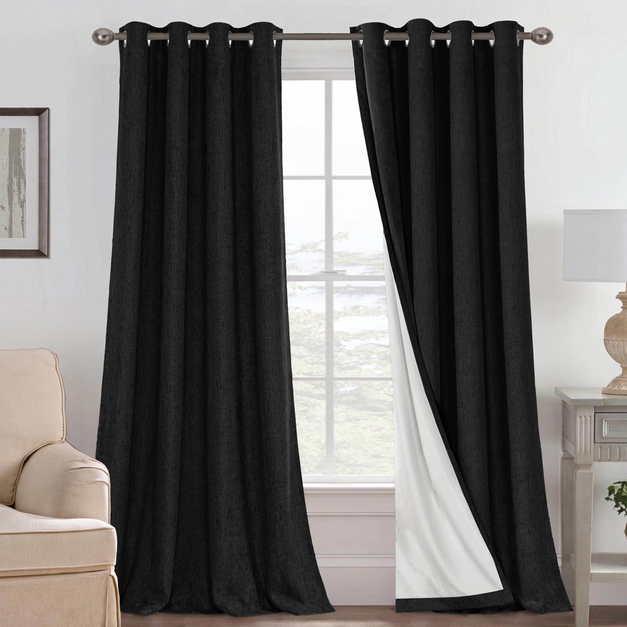 H.VERSAILTEX Blackout Curtains Linen Curtains 120 inches Long 100% Black Out Curtains for Bedroom Windows, Textured Linen Look Draperies Grommet with White Liner, 2 Panels, Black