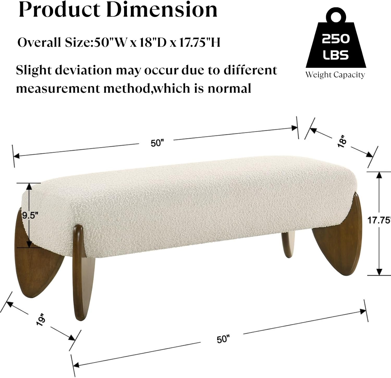 HEAH-YO Entryway Bench, End of Bed Bench with Upholstered Sherpa Cushion, 50” Modern Ottoman with Wood Legs for Bedroom Living Room, Beige