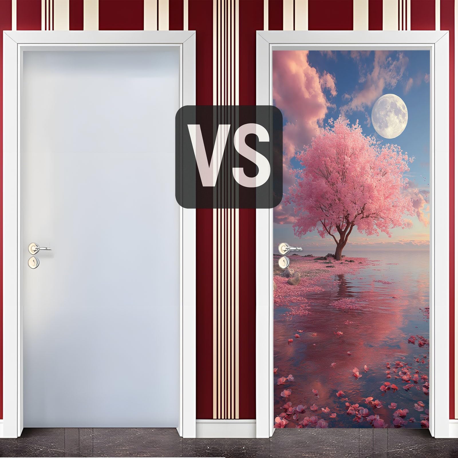 Naklejki na drzwi 3D natura krajobraz, samoprzylepny plakat z PCV wzór jeziora wiśnia w kwiaty księżyc, różowe naklejki na drzwi tapeta dekoracyjny plakat wewnętrzny do sypialni kuchni, 90 x 200 cm