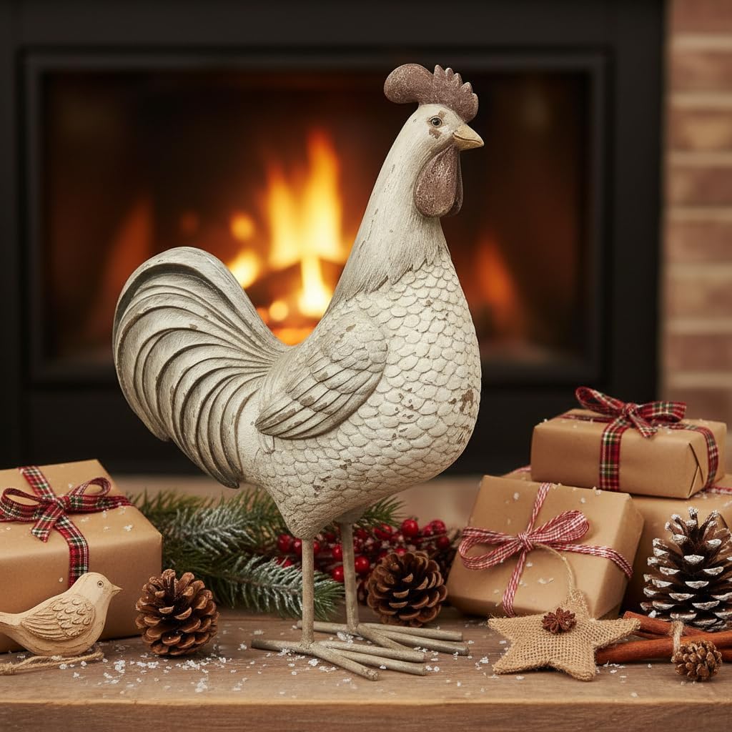 Comfy Hour 10" Decorative Hen Rooster Statue, Artisan Crafted Chicken Figurine, for Kitchen & Dining, Vintage Farmhouse Style Home Decor Accent, Polyresin Country Sculpture