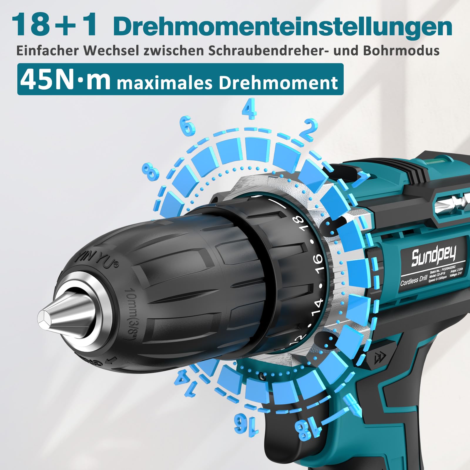 Sundpey Akkuschrauber Set mit 2 Akkus 2,0Ah, 21V Akkubohrer und Schrauber, 1500U/min 45Nm Max Akku Bohrschrauber mit 2-Gang, 18+1 Drehmomentstufen, 10mm Bohrfutter, LED-Licht Für Haus Reparatur & DIY