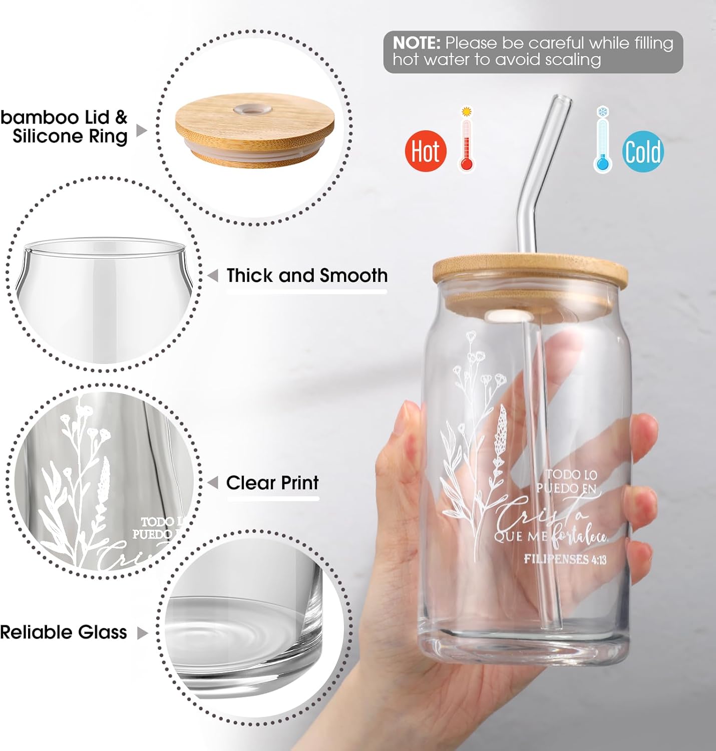 Fumete 6 Set Christian Gifts Religious Makeup Bag Bible Verse Glass Coffee Cup with Bamboo Lid Straw Mini Christian Compact Mirror Regalos Cristianos En Español for Church(Spanish) - Image 3