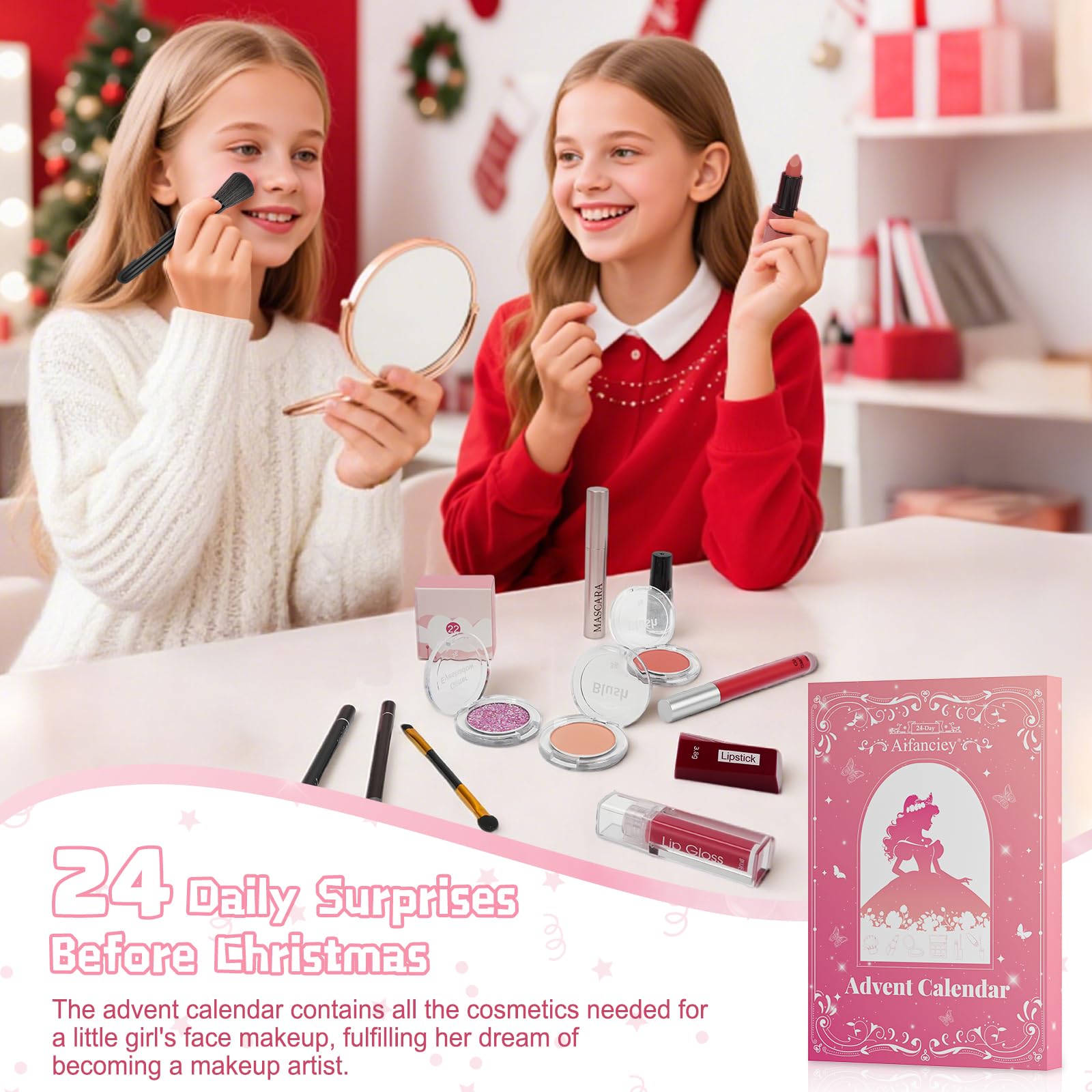 Calendrier de L'avent Maquillage 2025 pour Fille, 24 Beauté Coffret Cosmétique de Noël avec Gloss, Blush, Pinceaux et Mascara, Sûr pour la Peau, Doux et Non Irritant, Cadeau pour Une Princesse