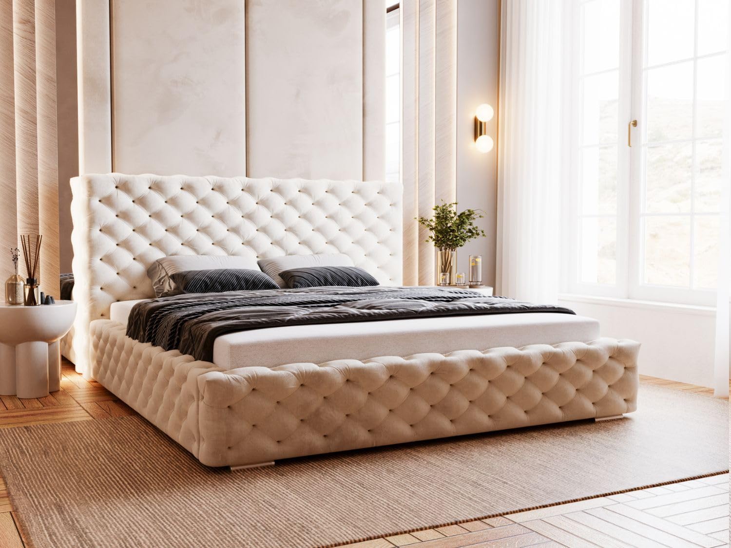GRAINGOLD Astra Bett 200x200, Polsterbett mit Bettkasten, Polsterbett mit Stauraum, Samt, mit Lattenrost, mit Kopfteil, ohne Matratze (Beige, 200x200)