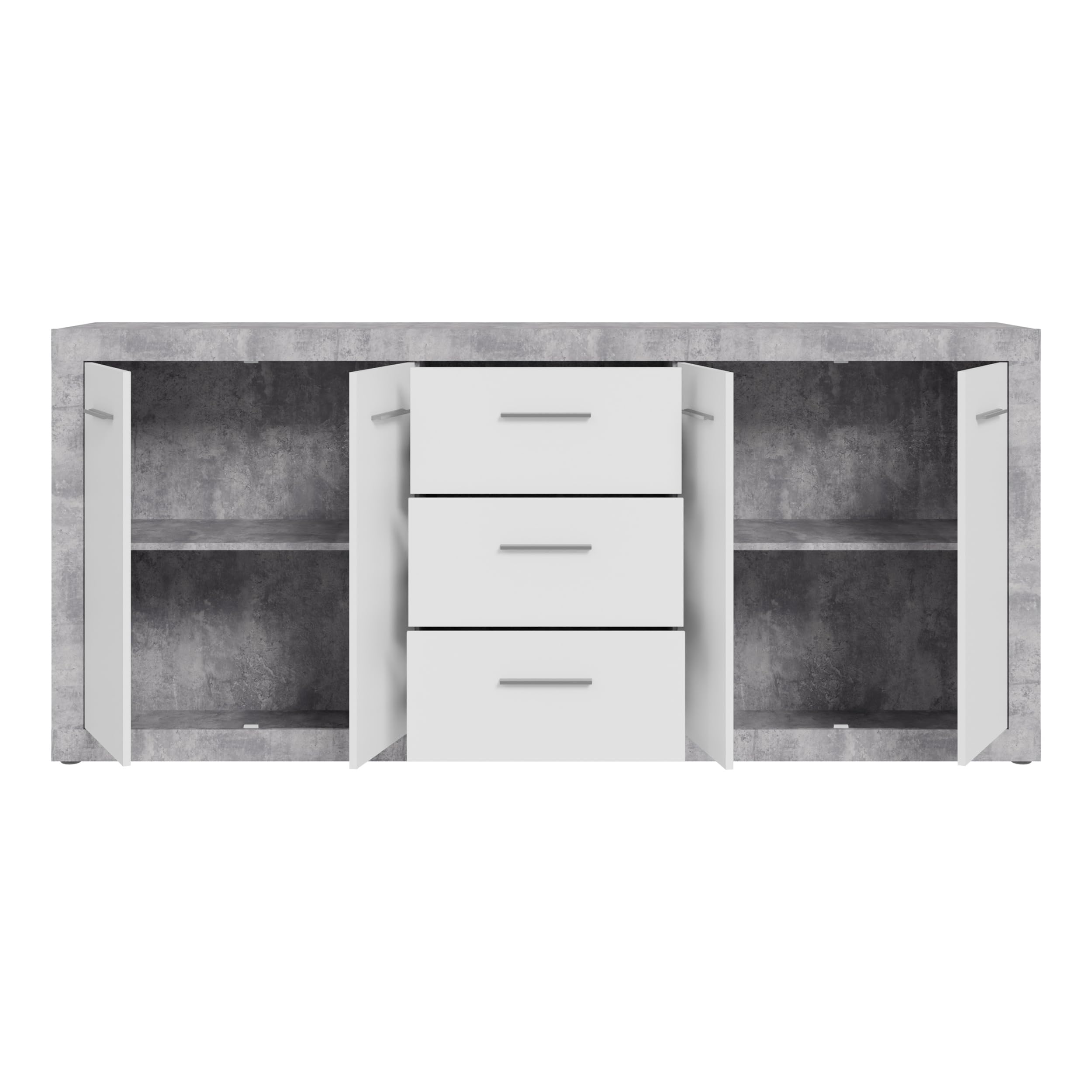 Forte FINLEY Sideboard 200 210, modernes Sideboard mit viel Stauraum, 4-türig, 3 Schubladen, Wohnzimmer, Flur, Schlafzimmer, Holzwerkstoff, Weiß| Betonoptik, 207,1 cm breit x 91,9 cm hoch x 41 cm tief