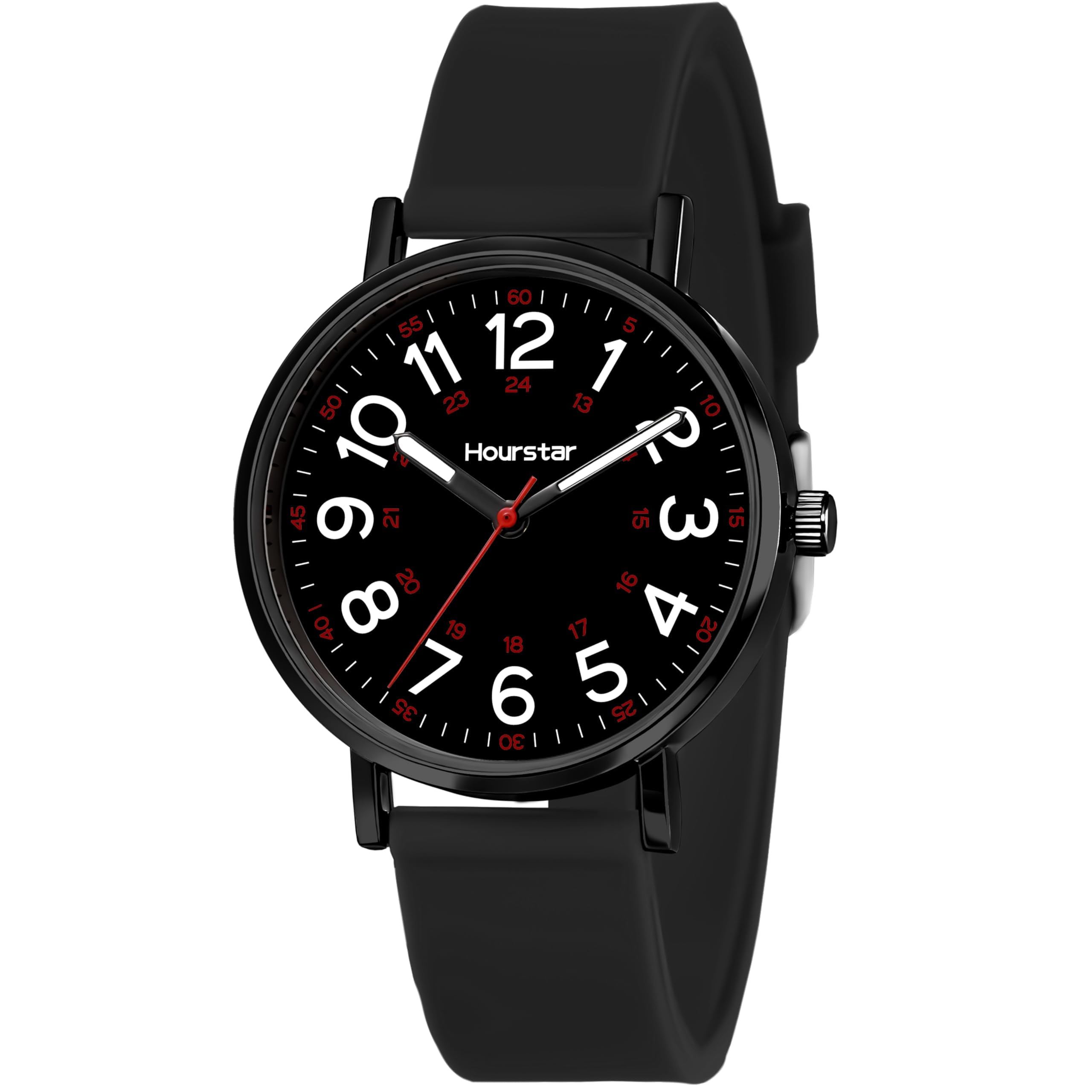 Reloj analógico de enfermera para mujer con segunda mano para enfermería, 12/24 horas, correa de silicona, fácil lectura (negro)