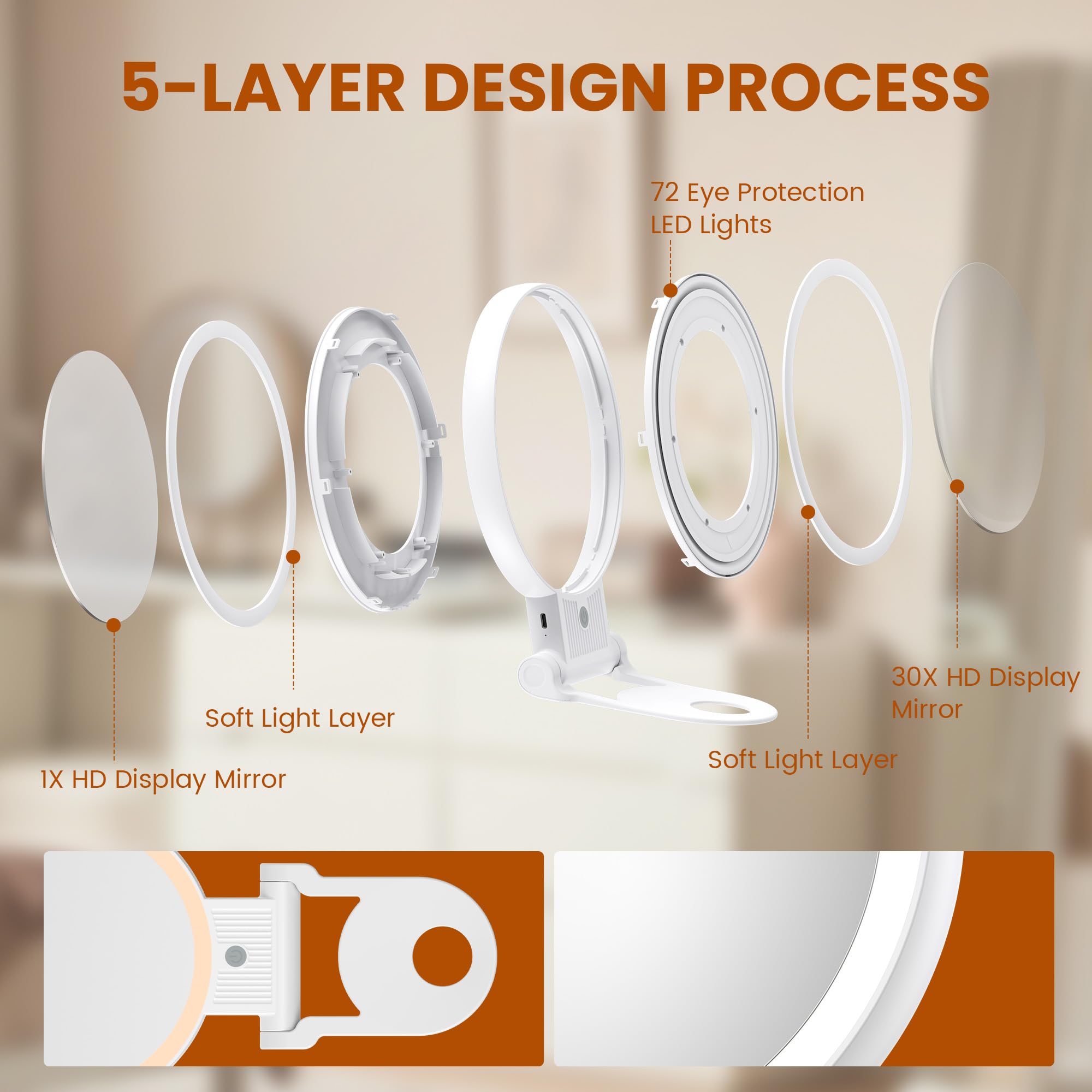 Makeup Mirror with Light, 1X/30X Magnification, Rechargeable