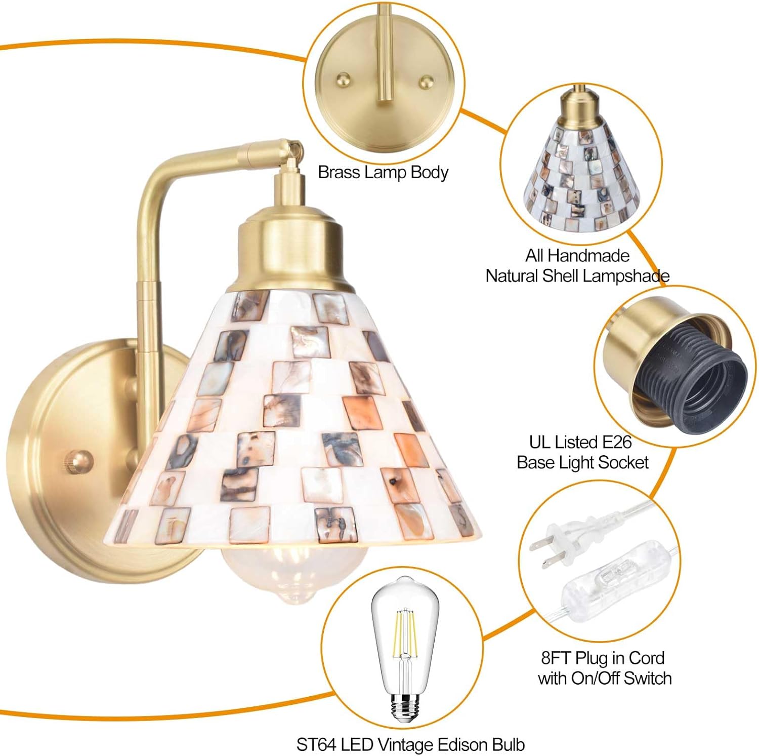 Natural Seashell Mosaic Lampshade Modern Brass Wall Sconce with Edison LED Bulb, Plug-in or Hardwire Bedside Wall Light for Living Room, Bedroom, Hallway, Dining Room, Foyer