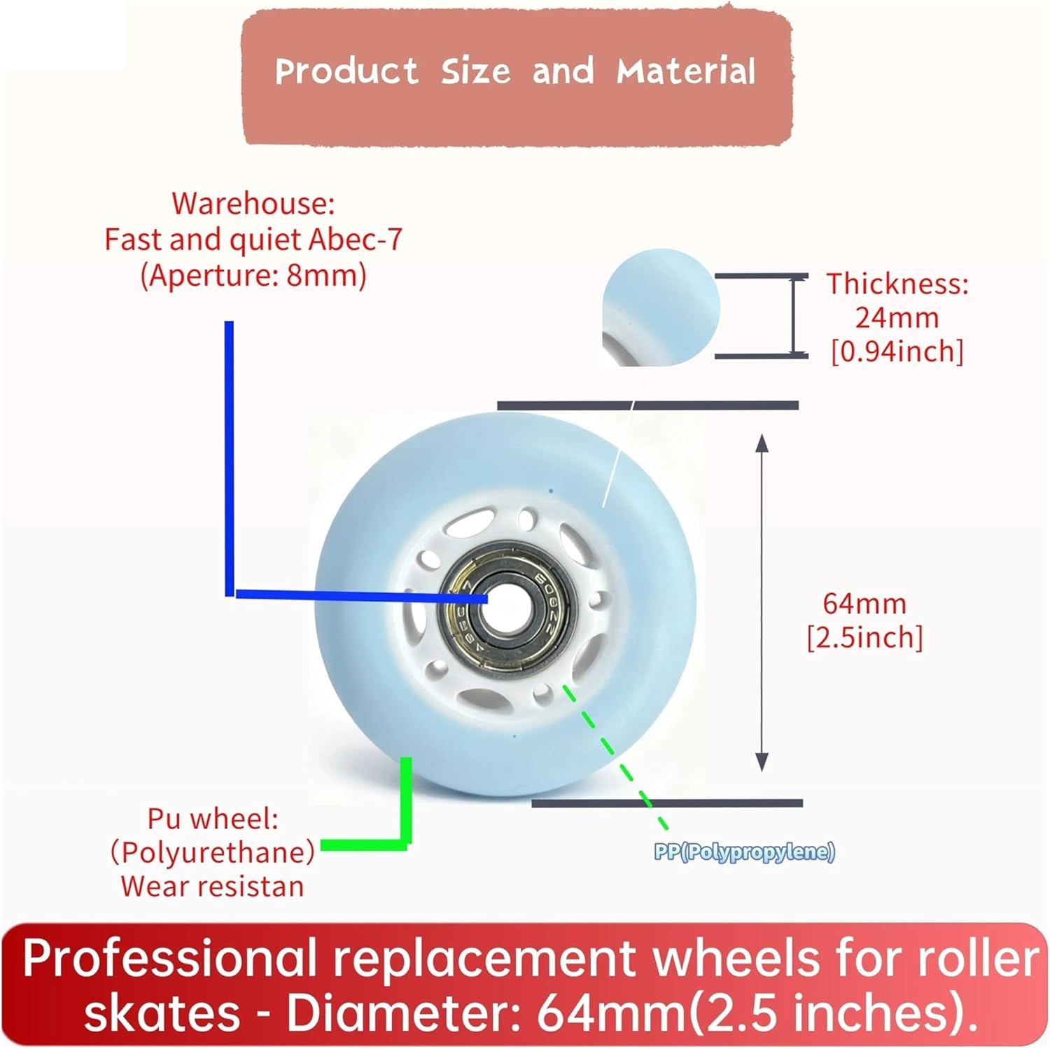 Inline Skate Wheels 8pcs 64mm PU Multi-Function Wheels, High-Speed Quiet Wear-Resistant with Abec-7 Bearings, Replacement for Luggage, Skates(Transparent green)