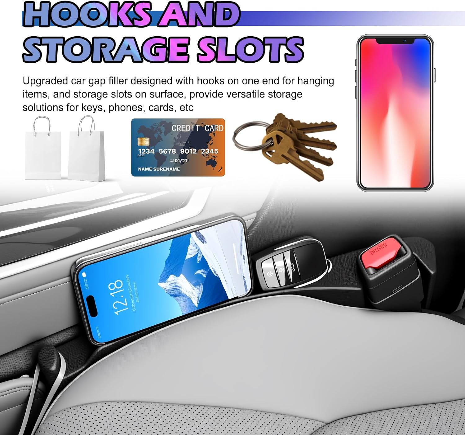 2PCS 3-in-1 Car Seat Gap Filler Organizer with Hooks & Storage Slots,Car Gap Seat Filler Console Catcher for Gaps Filling & Item Storage,Universal in Between Cars Seats Catcher