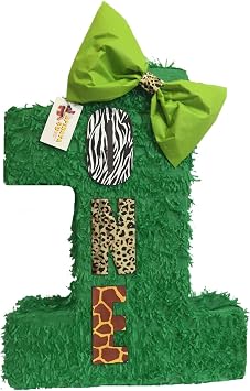 APINATA4U 20"Tall Green Number One Pinata with Bow Tall Safari Theme Birthday Zoo Animals Wild One Theme