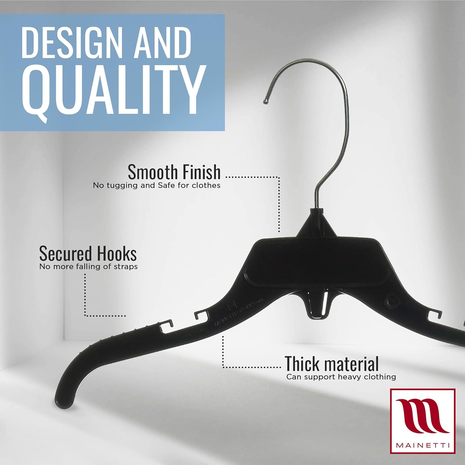 Mainetti 498 Black Plastic Hangers - 20 Pack with Rotating Metal Hook and Notches for Straps, Great for Shirts/Tops/Dresses, 12-Inch - Image 3