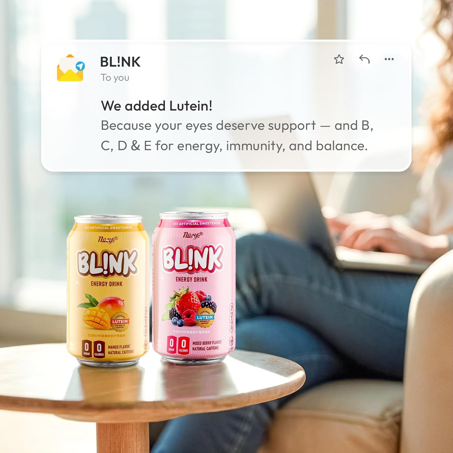 NÜLIFE Sugar Free Energy Drink - BL!NK, 96mg Natural Caffeine, Lutein for Eye Support, Vitamin Enriched, Healthy Clean Energy No Artificial Sweetener, Mixed Berry, 11.16 Fl Oz (Pack of 12)