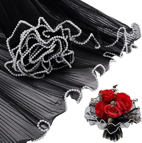 BENECREAT Papel de malla de envoltura de flores negras, papel de embalaje de ramo de perlas, papel de embalaje arrugado translúcido para decoración