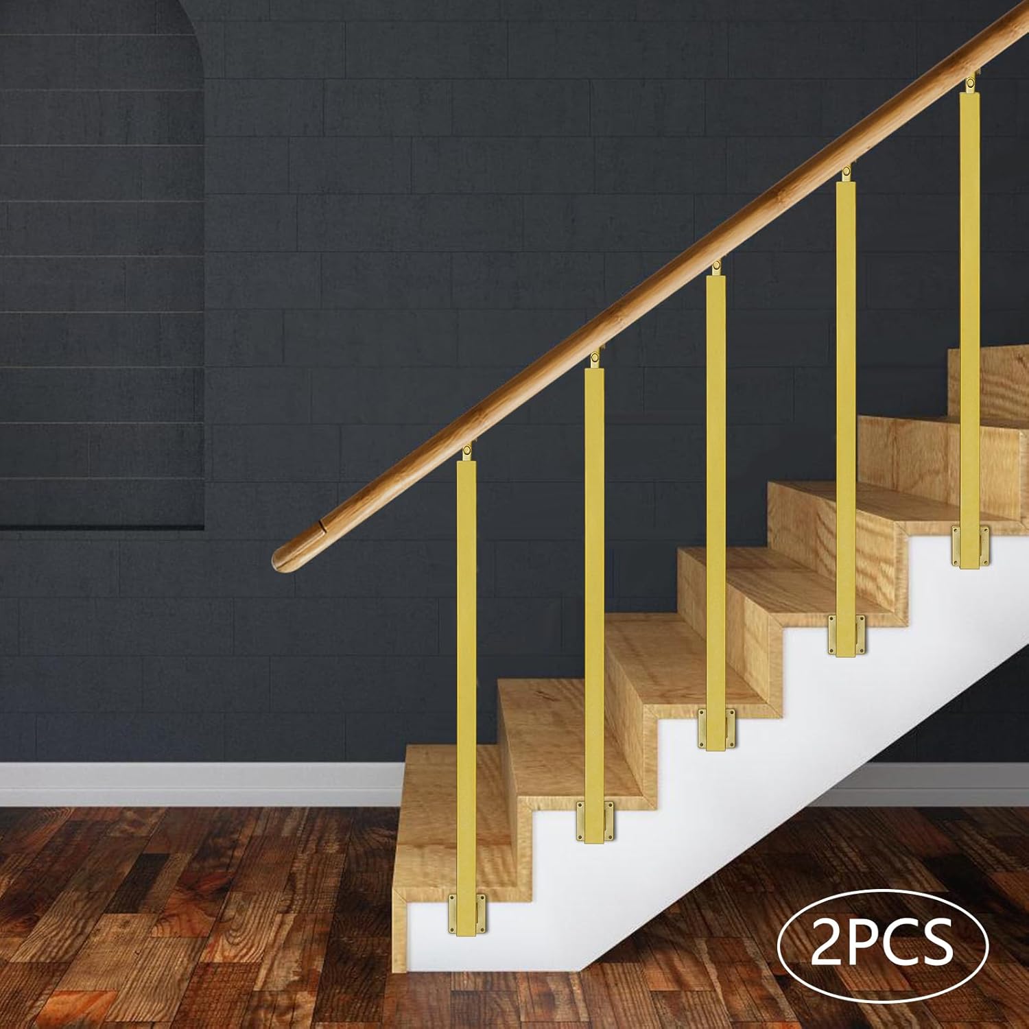 2 Pack Stair Railing Post, 39” Modern Iron Balusters with Adjustable Angle, Side Mount Stair Post for Indoor Staircase, Heavy Duty Safety Railing Posts with Square Base (Gold)