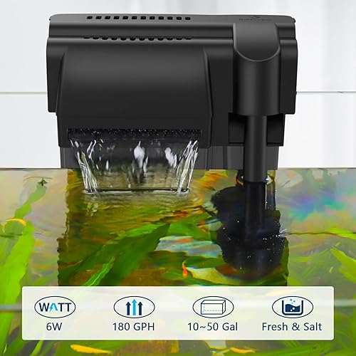 Miniatura 2 de fishkeeper Filtro de acuario ultra silencioso de 6 W 180 GPH para colgar en la parte posterior, filtro bioquímico de 4 etapas para tanque de peces