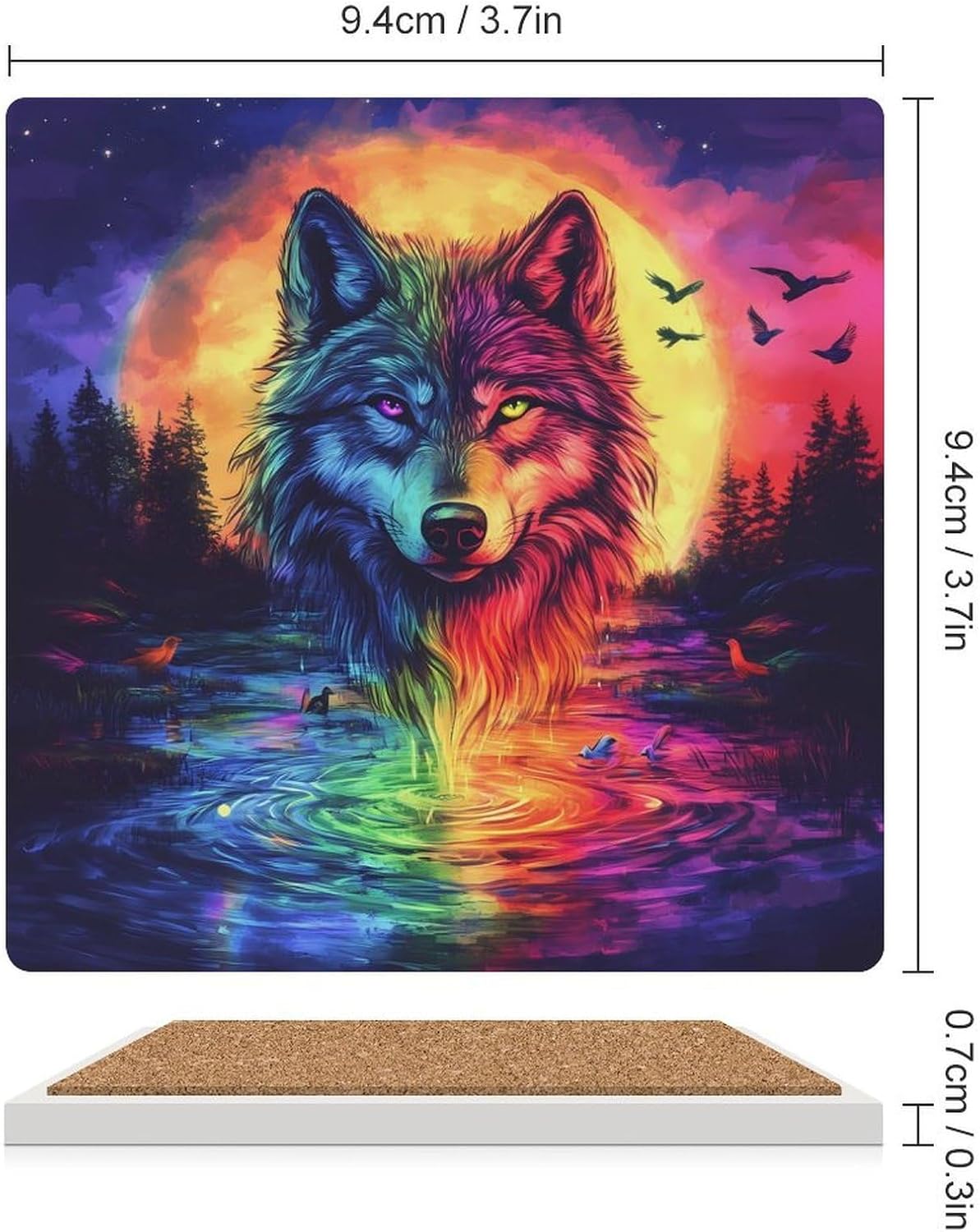 Colorful Wolf Funny Ceramic Coasters for Drink Absorbent Cup Holders Tabletop Protection