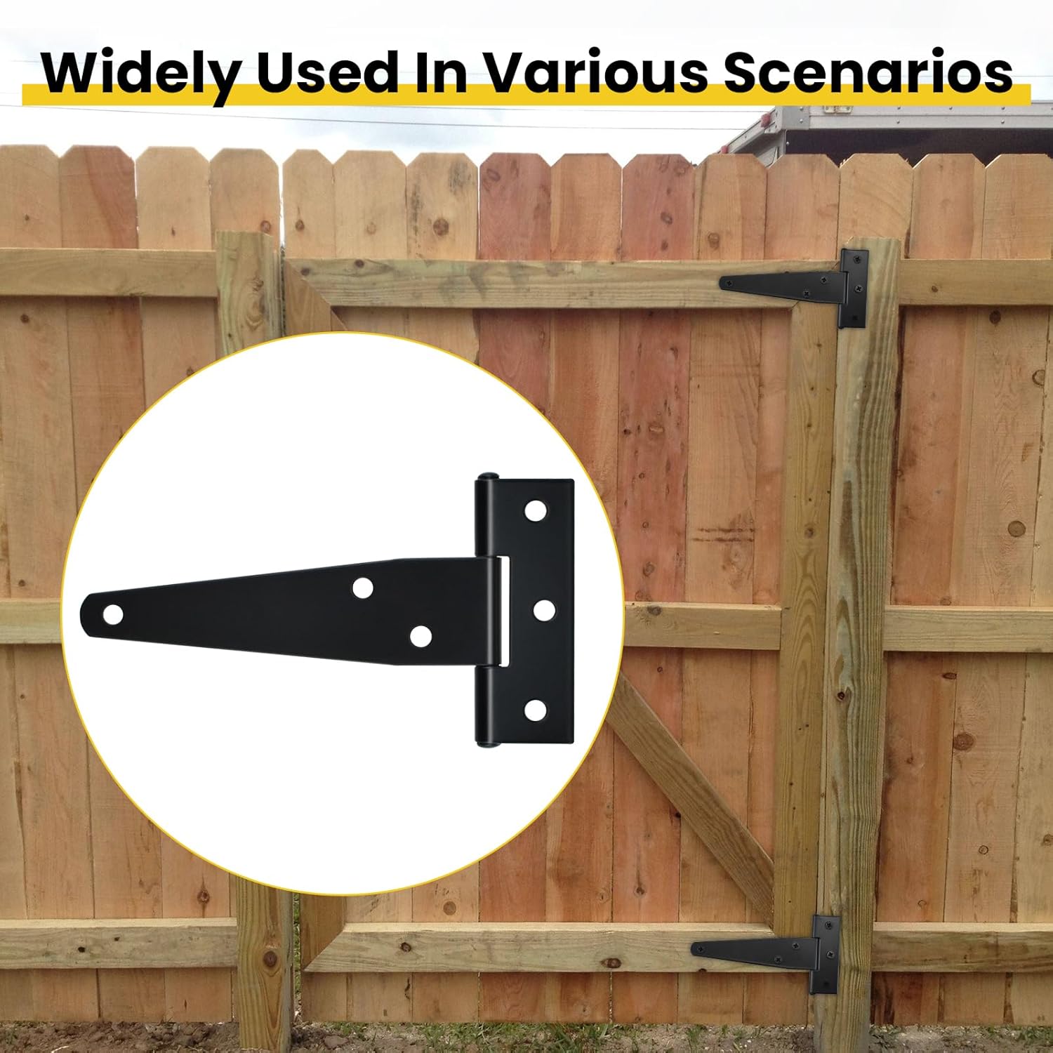 4 Pcs T Strap Gate Hinges, Heavy Duty 4 inch Barn Door Hinges, Black Tee Shed Hinges with Mounting Screws for Barn Door, Shed or Wooden Fences
