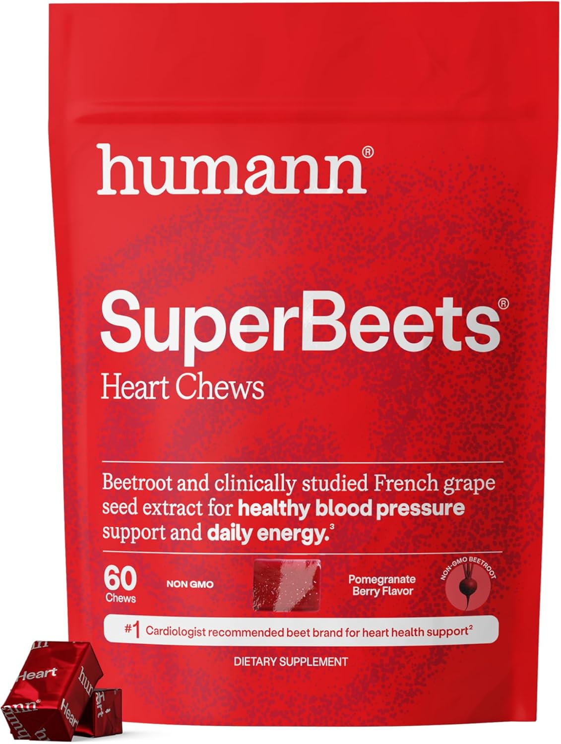 Humann SuperBeets Heart Chews, Nitric Oxide and Blood Pressure Support, Grape Seed Extract & Non-GMO Beet Root Powder Energy Supplement, Pomegranate Berry Flavor, 60 Count