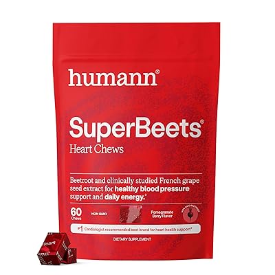 Humann SuperBeets Heart Chews, Nitric Oxide and Blood Pressure Support, Grape Seed Extract & Non-GMO Beet Root Powder Energy Supplement, Pomegranate Berry Flavor, 60 Count