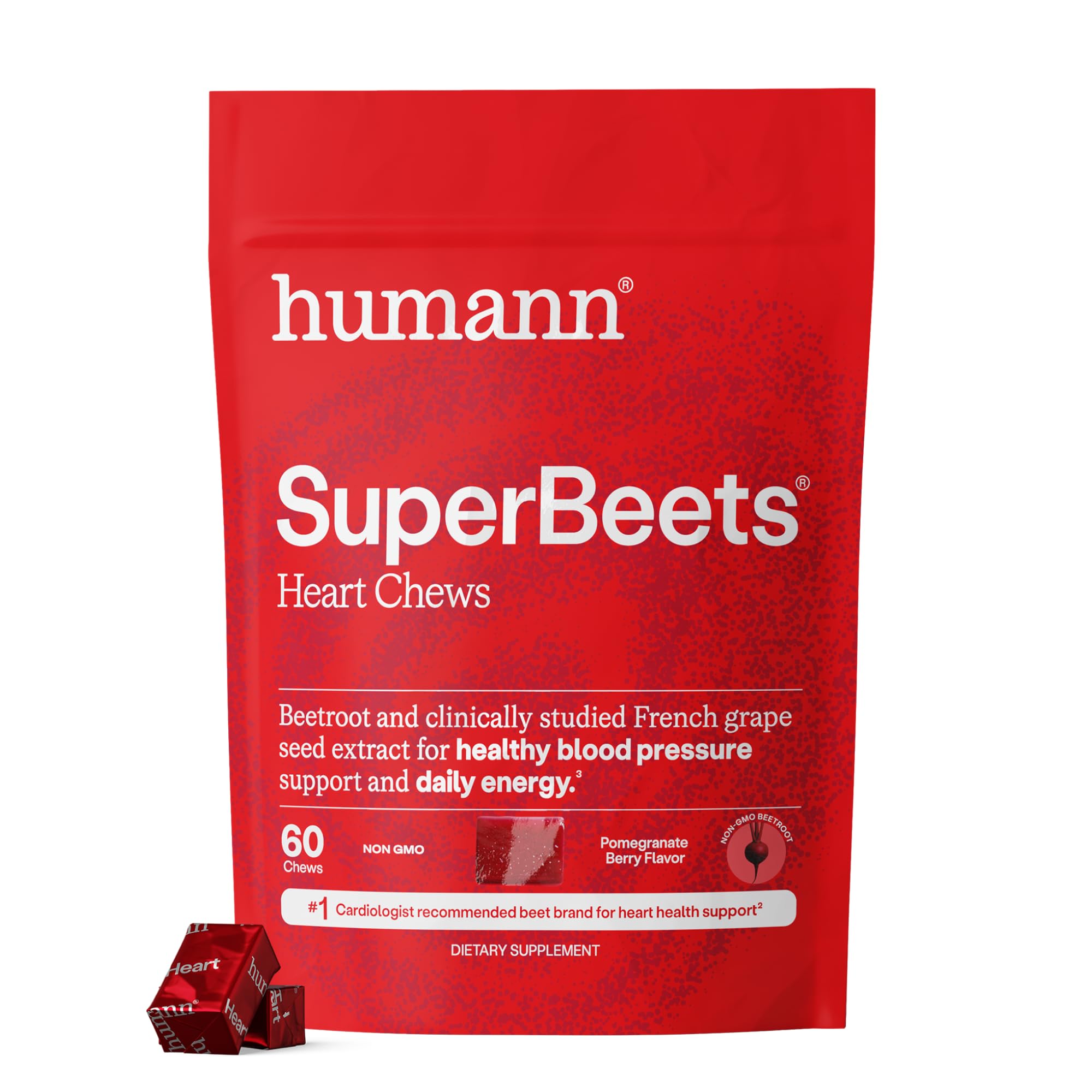 Humann SuperBeets Heart Chews, Nitric Oxide and Blood Pressure Support, Grape Seed Extract & Non-GMO Beet Root Powder Energy Supplement, Pomegranate Berry Flavor, 60 Count