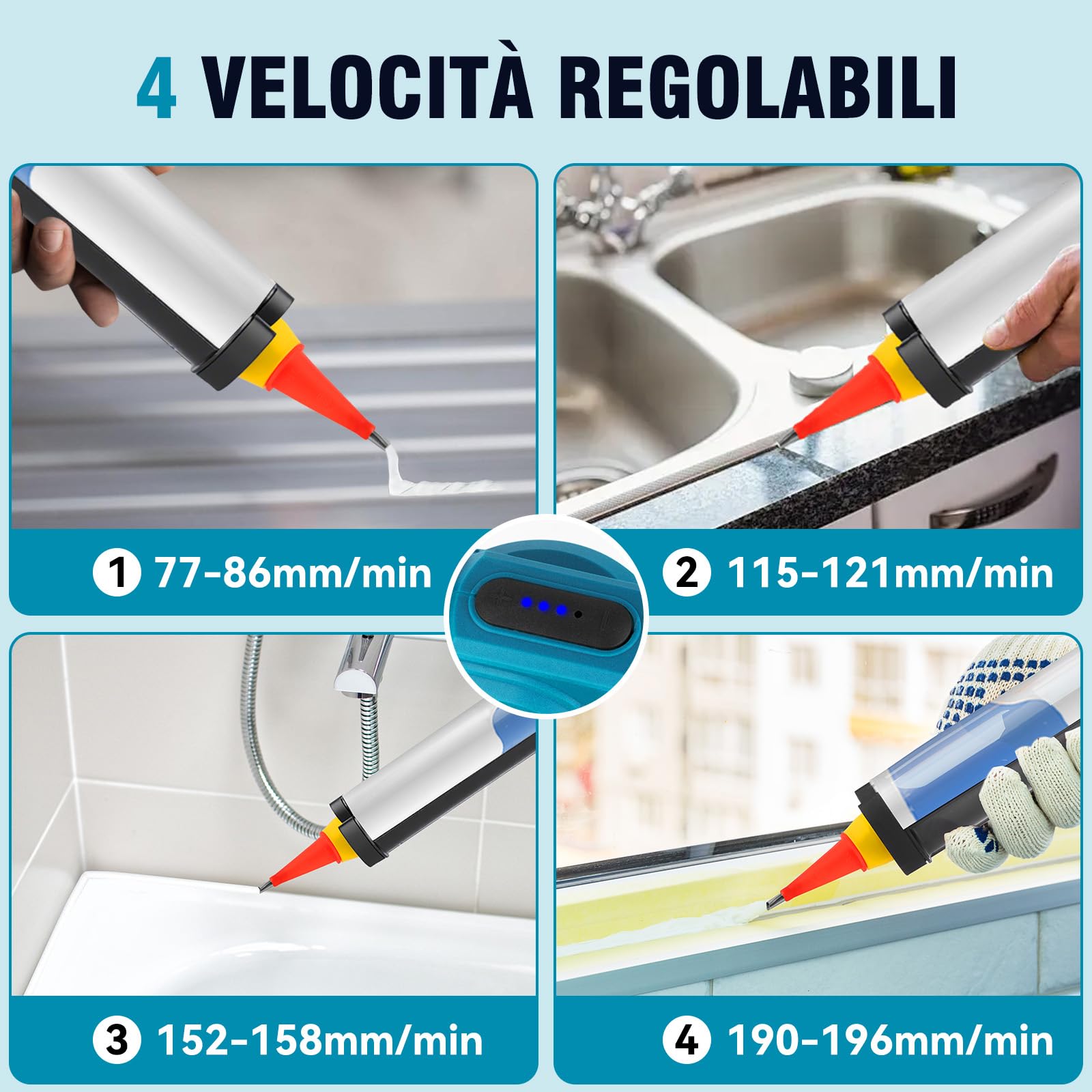 Yofidra Pistola a Cartuccia Elettrica, Batteria 2 x 2.0Ah, 4 Velocità, Illuminazione LED, Pistola per Cartucce di Silicone, Pistola per Cartucce da 300ml, Sigillatura, Stucco, Senza Perdite