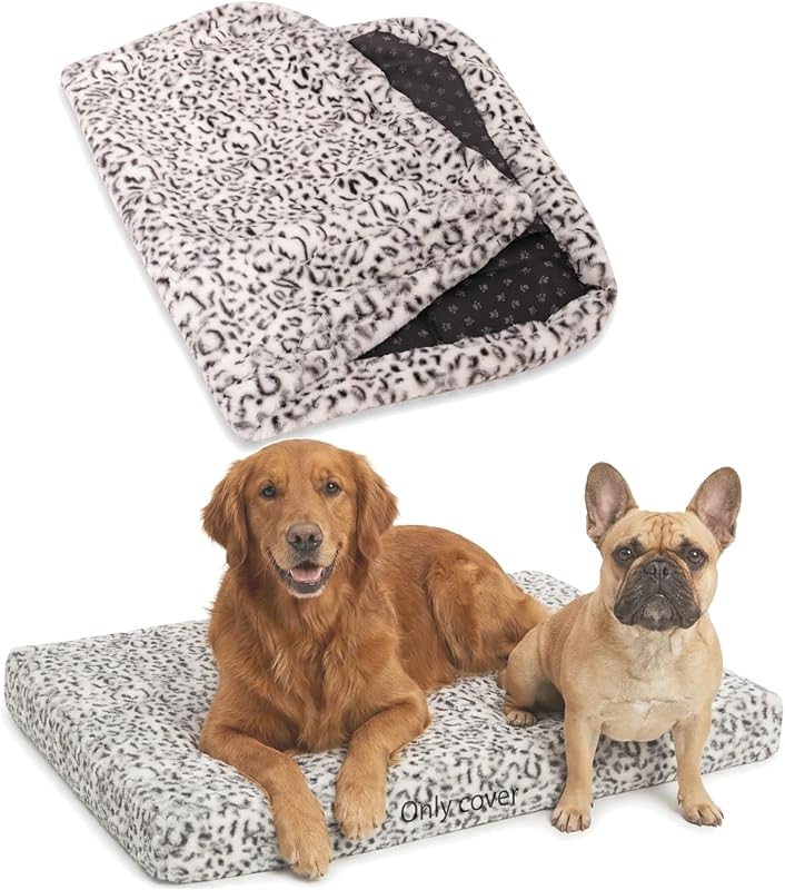 Capa para Cama de Cachorro em Pelúcia Sintética, Removível e Lavável, Cinza com Estampa Leopard Print Black-White, 91,44 x 71,12 x 10,16 cm