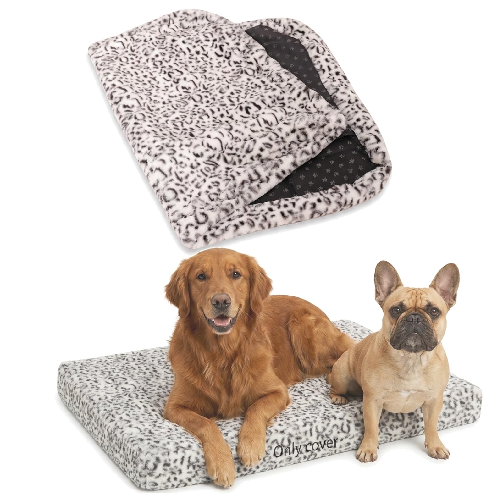 Faux Fur Dog Bed Covers – Ultra Soft Rose Velvet, Removable &amp; Washable, Cozy &amp; Durable,Large Pet Bed Cover Only (No Filling) – Gray, (Leopard Print Black-White, 42" L x 28" W x 4.5" Th)