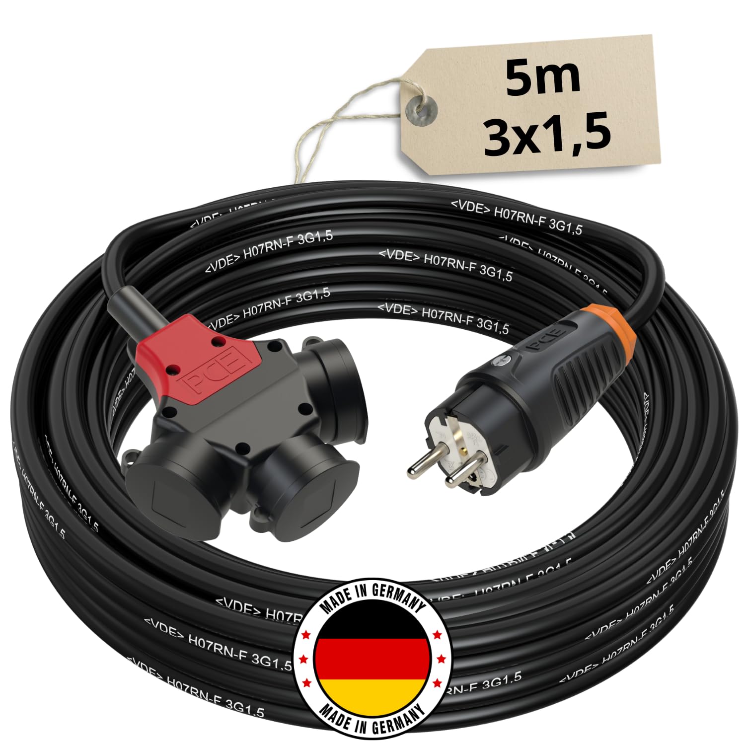 Schutzkontakt Verlängerungskabel 5m Außen 3Fach Verteiler Stromkabel Außenbereich Schuko Verlängerung PCE Outdoor Verlängerung Kabel Steckdosenleiste 3-Fach Mehrfachstecker Multisteckdose 3x1,5
