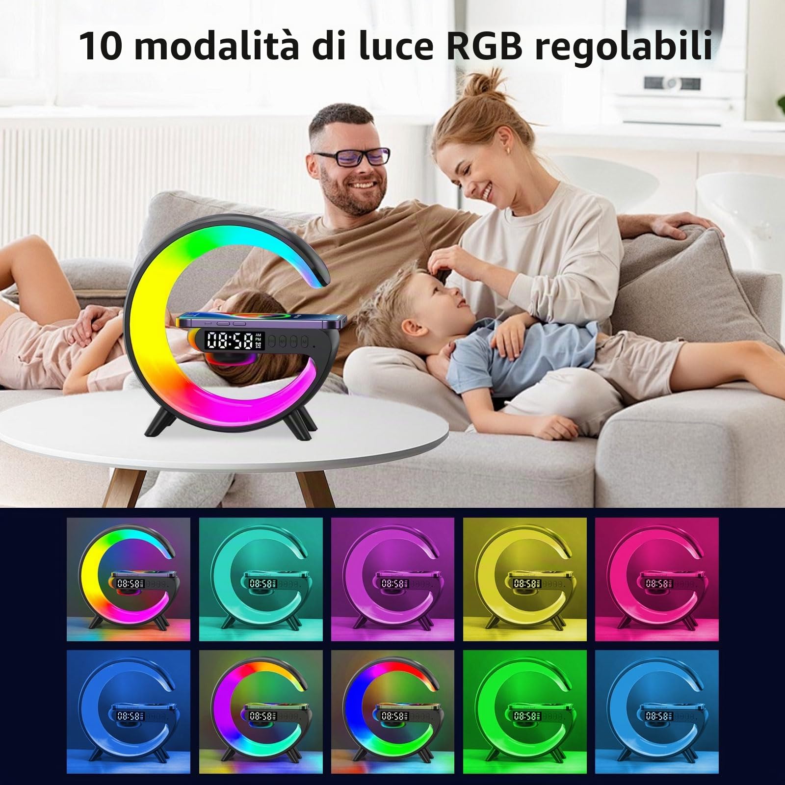 Lampada Wireless da Comodino, Lampada Ricarica Wireless Lampada Comodino Intelligente, Supporta la Connettività Bluetooth, Luci Multicolori, Adatto per il Comodino della Camera da Letto
