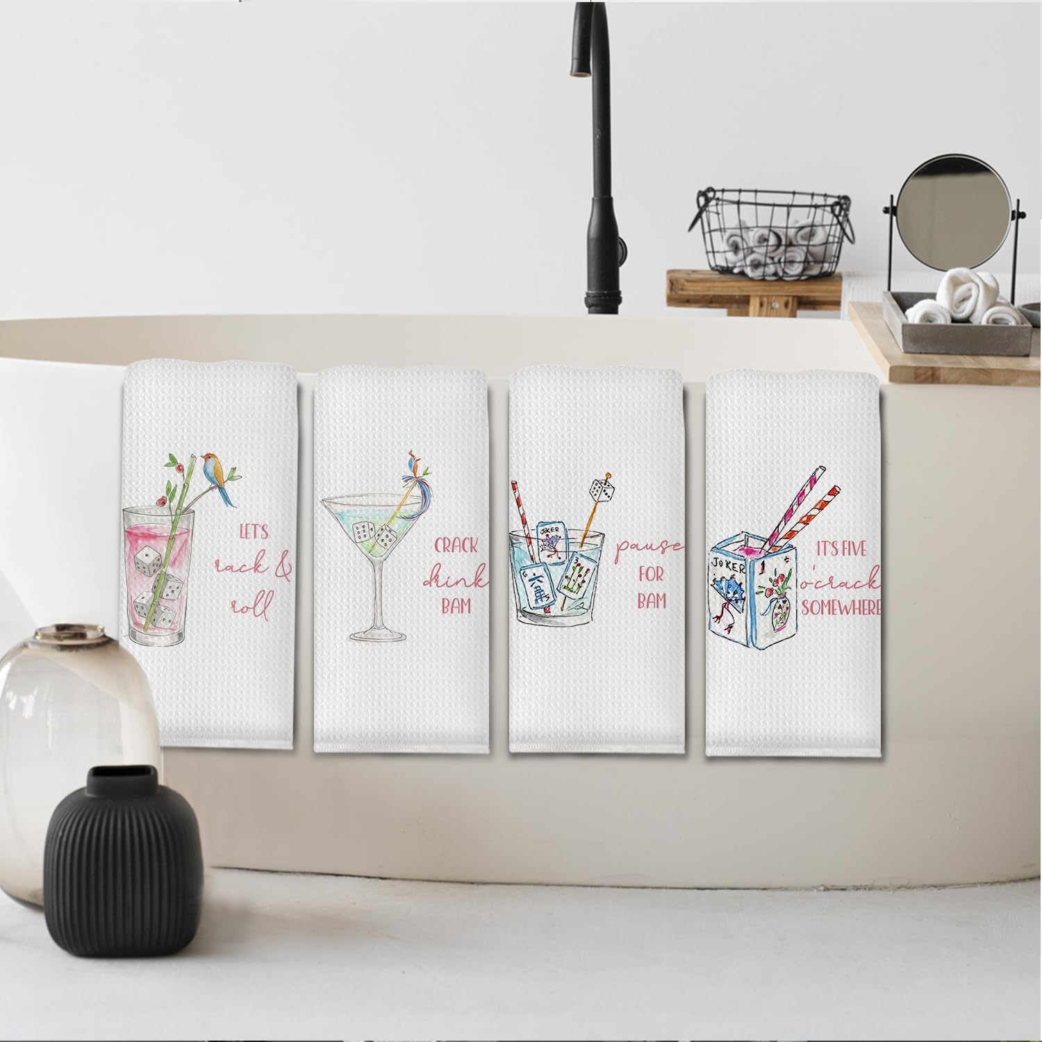 Mahjong Cocktail Kitchen Towels, Mahjong Gifts for Women Dish Tea Towel,Cocktail Lovers Gifts Decorative Towels for Kitchen Decor,Set of 4,16X24 Inch - Image 3