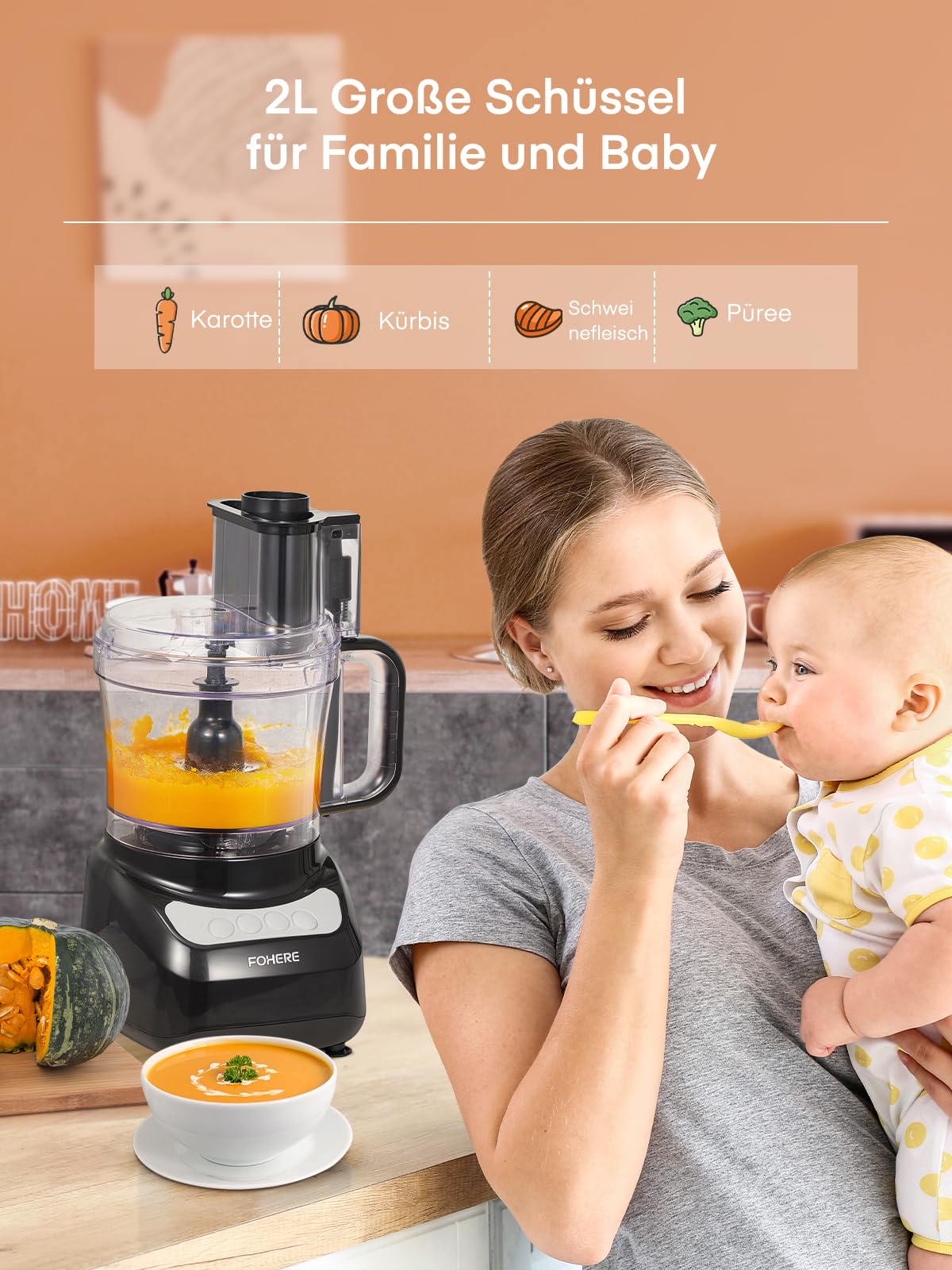 FOHERE Küchenmaschine 2,1 L, 2-in-1-Doppeleinfüllschacht | 2 Geschwindigkeiten + Puls, Edelstahlklingen, Ohne Vorschneiden, Hacken, Raspeln, Schneiden, Mixen & Teig Kneten